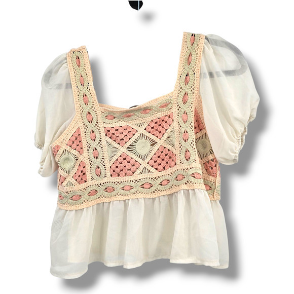 Rebellion Again Women's Boho Crochet Sheer Ruffle Chiffon Cropped Blouse Medium - Picture 2 of 9